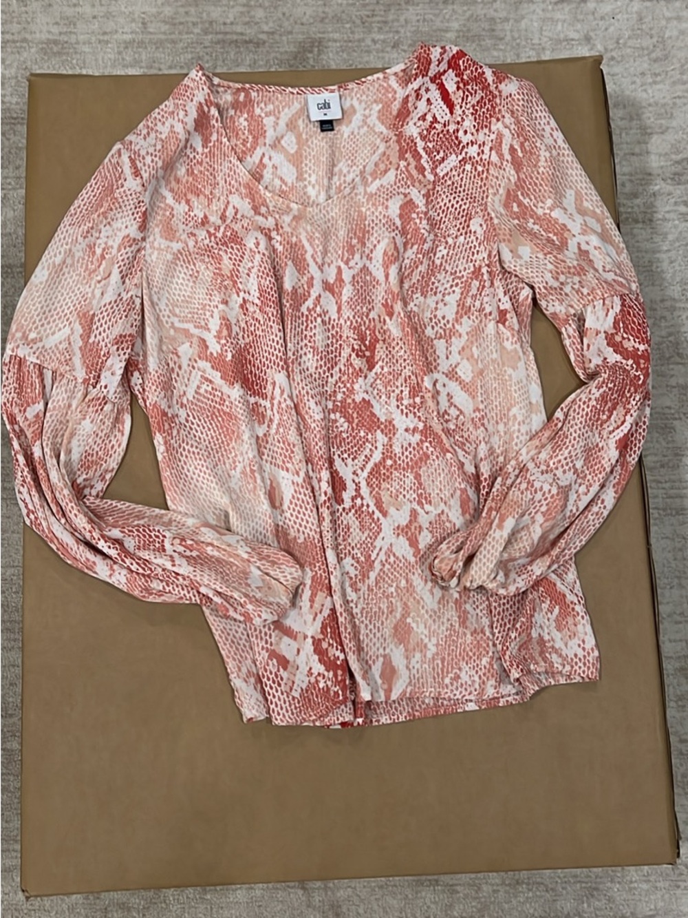 CAbi Pink Snake-Print V-Neck Long Sleeve Blouse